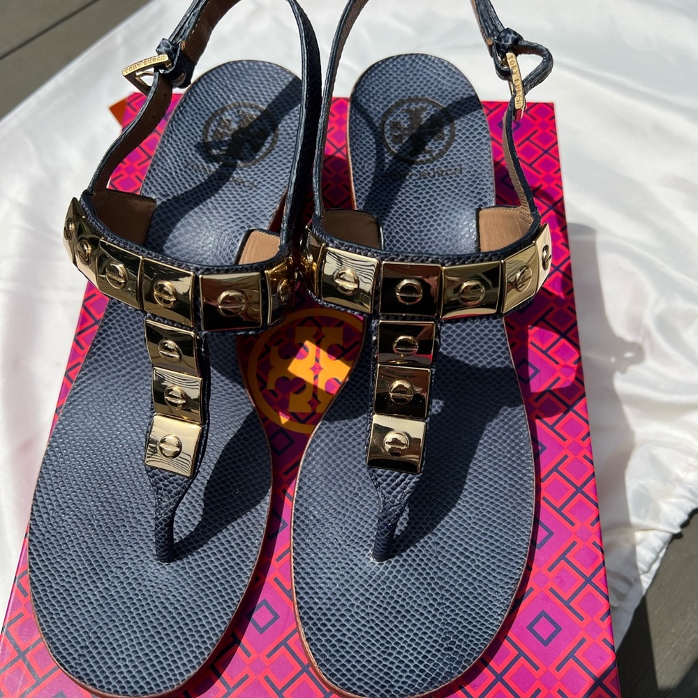 Never worn Tory Burch Navy and Gold Heeled Sandal